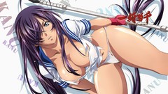 Long hair anime girls school uniforms purple hair cleavage 