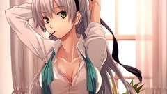 Long hair anime girls yellow eyes bra gray hair falcom cleavage 