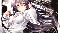 Long hair black hair purple eyes cleavage open shirt worry