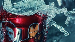 Macro water Iron Man splashes soda cans