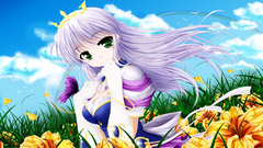 Manga anime girls Anime green eyes Crown purple hair Flowers sky