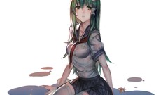 Maple-leaf sitting long hair anime girls green eyes school 
