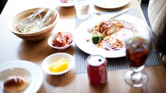 Meat lunch salad legs asians coca-cola cups models Korean Im 