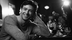 Men Actors Hugh Jackman smiling Australian grayscale hands 