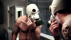 Men bathroom Razor tattoos shaving mirrors gas masks