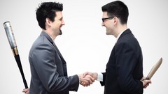 Men fight costume men with glasses handshakes