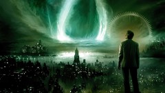 Men headphones City Lights science fiction artwork fantasy art 