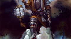 Men moon woman ghosts lanterns masks scythe artwork fantasy art 