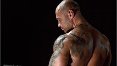 Men muscles tattoos sweat bald head Strong Bad