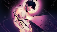 Men purple abstract circles streaks looking down glowing nude 