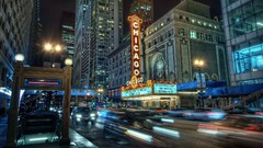 Metro cars Chicago traffic streets long exposure night shot