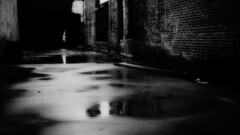 monochrome old photos street dark water wet reflection Bricks