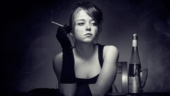 monochrome Women smoking Cigarettes gloves looking away model