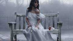 Moods love woman watch bench mist white dress