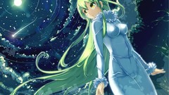 Moon anime girls darker than black green hair night sky Amber 