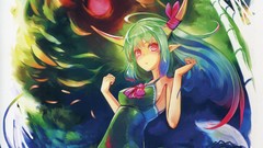 Moon bamboo dress horns red eyes bows long hair anime girls 