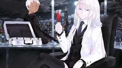 Moon chairs Anime tie white hair drinks red eyes long hair 
