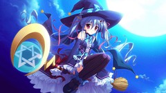 Moon flying blue hair long hair anime girls witches game cg 