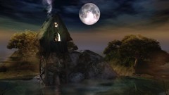 Moon smoke nighttime huts water body fantasy art