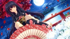 Moon Umbrellas kimono anime girls black hair Japanese clothes 