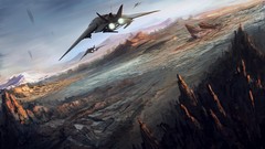 Mountains attack fighters rocks science fiction skies artwork 