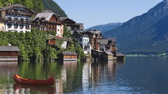 Mountains Austria canoe lakes houses hallstatt