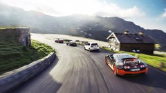 Mountains cars Bugatti Porsche BMW roads Volkswagen sunlight 