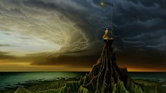 Mountains clouds moss looking up fantasy art lamp posts Michael 