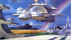 Mountains clouds paintings buildings rainbows spaceships 