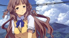 Mountains clouds Ribbons long hair brown eyes brunettes school 