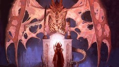 Mountains dark woman lights wings Dragons hood Symbols ruins 