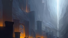 Mountains flames buildings arches sunlight concept art artwork 