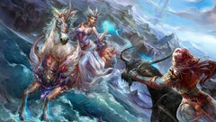 Mountains Horses waves anime girls artwork forsaken world 