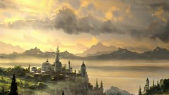 Mountains morning rivers town view churches fantasy art towns