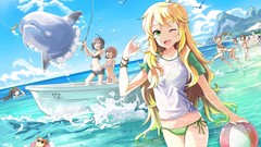 Mountains ocean fishing Boats blondes anime girls green eyes 