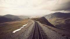 Mountains railway railroad track landscape sepia Beige mist snow