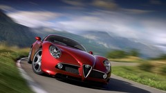 Mountains red cars roads Alfa Romeo vehicles motion blur front 