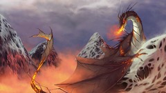 Mountains smoke Dragons artwork fire-breathing fantasy art 