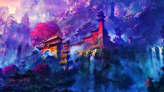 Mountains Temples multicolor oriental digital art Shuxing Li