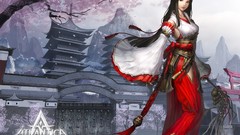 Mountains text Bells staff buildings long hair flower petals 