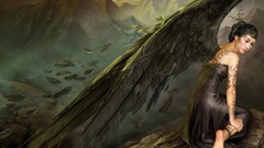 Mountains woman wings feathers tattoos angels brunettes black 