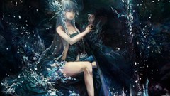 Music Anime crystals harp helmets blue hair long hair anime 