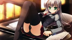 Music Anime piano blush long hair anime girls lingerie green 