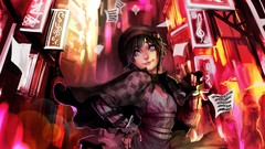 Music gloves smiling anime girls blue eyes black hair genki-de