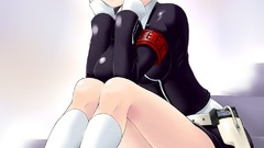 Music headphones red eyes sitting holster anime girls listening 