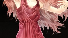 Music woman dress black background red dress bows long hair 