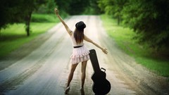 Music woman dress hats roads Arms lonely legs guitars brunettes 