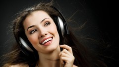 Music woman headphones smiling brown eyes brunettes Dj Girls