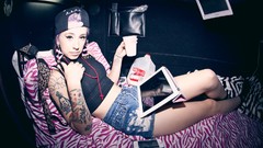 Music woman rapper tattoos purple hair denim shorts Kreayshawn 