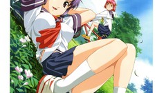 Nature Anime red eyes schoolgirls smiling anime girls skies 